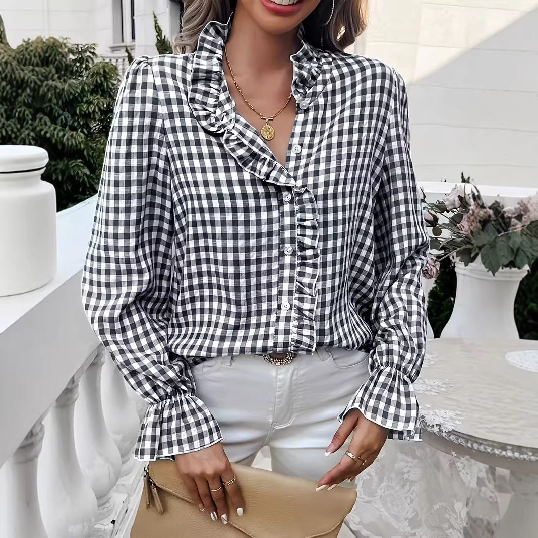 Women's checkered ruffle blouse with stand-up collar, concealed button placket, and bell sleeves Mune Fashion