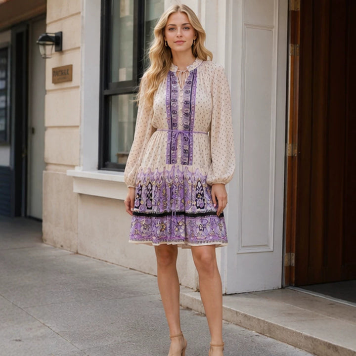 Ladies Chiffon Mini Dress with Tying Collar, Balloon Sleeves and Embroidered Border Mune Fashion
