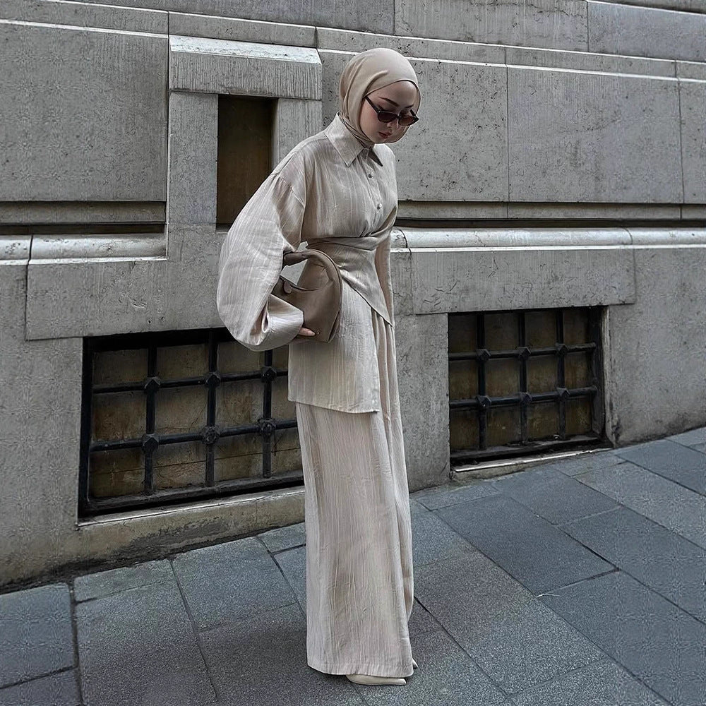 Women's casual tunic set with wrap belt and wide palazzo pants Mune Fashion