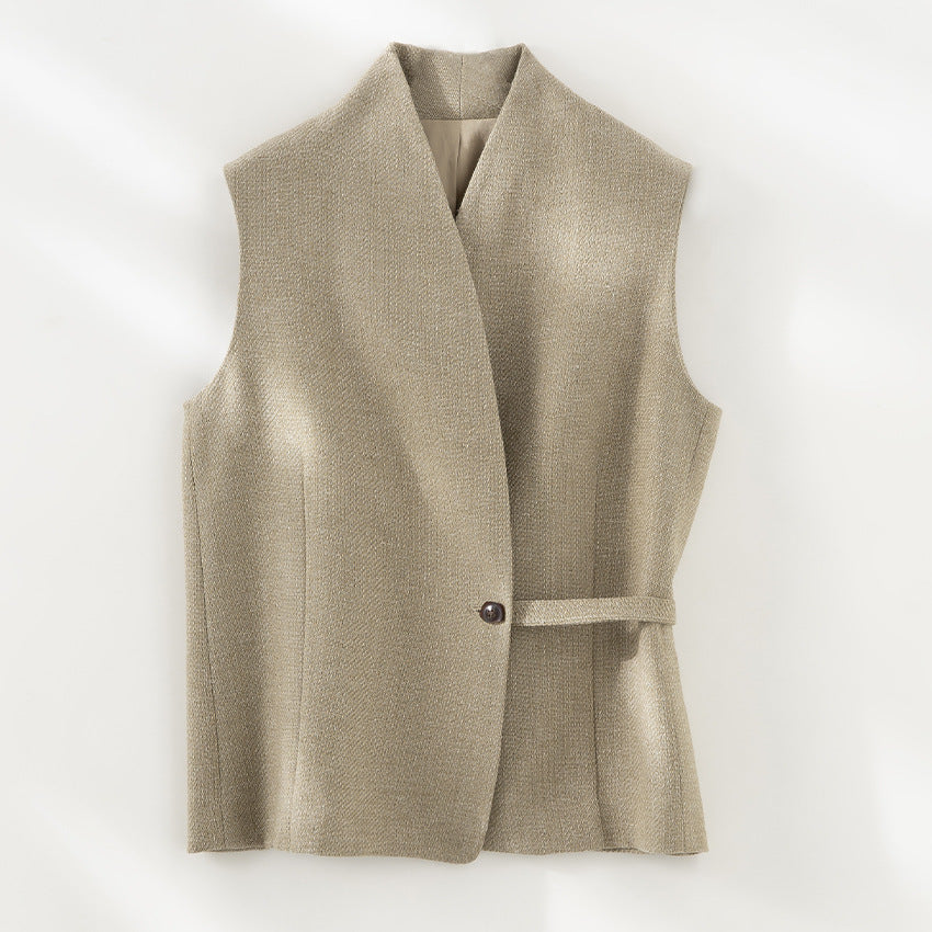 Women's Tailored Sleeveless Vest with V-Neck and Decorative Belt Mune Fashion