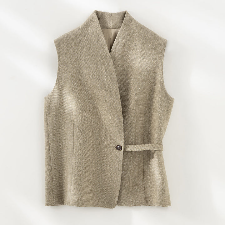 Women's Tailored Sleeveless Vest with V-Neck and Decorative Belt Mune Fashion