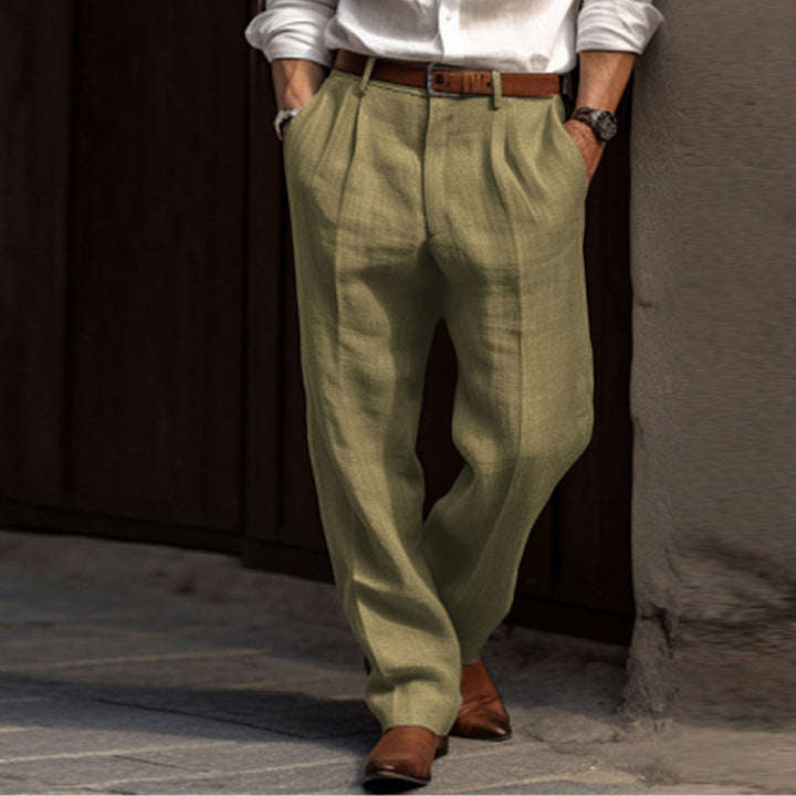 Men's Linen Blend Pleated Pants with Wide Leg and High Waist Mune Fashion
