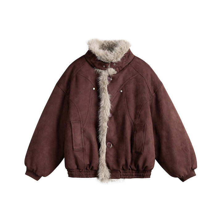 Women's boxy bomber jacket made of faux suede with a voluminous faux fur collar Mune Fashion
