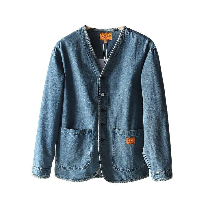 Men's Lightweight Denim Blazer in Overshirt Style with V-Neck and Patch Pockets Mune Fashion