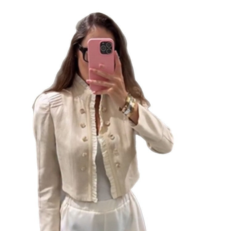 Women's cropped jacket with ruffle trim, puff sleeves, and double-breasted button placket Mune Fashion