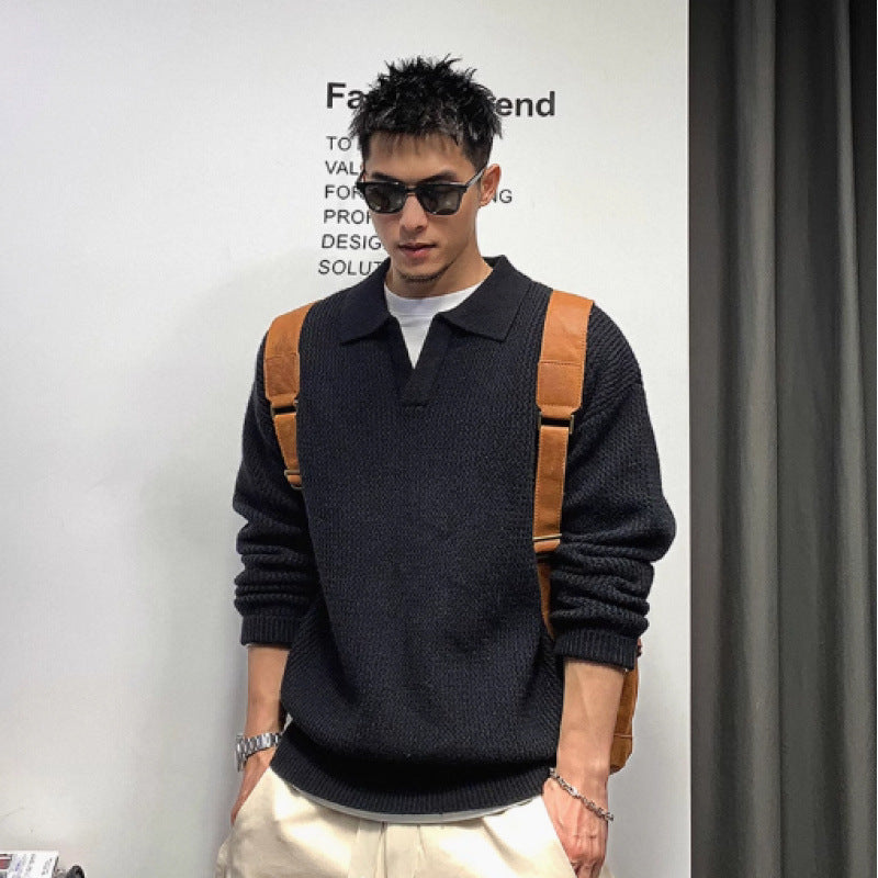 Men's Coarse Mesh Polo Collar Sweater with Concealed Half Placket and Ribbed Hem Mune Fashion