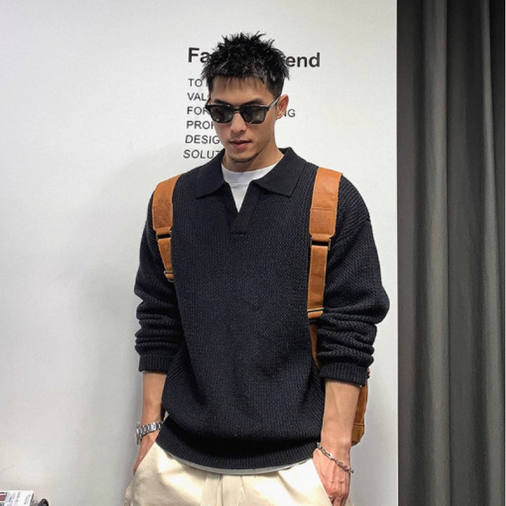 Men's Coarse Mesh Polo Collar Sweater with Concealed Half Placket and Ribbed Hem Mune Fashion