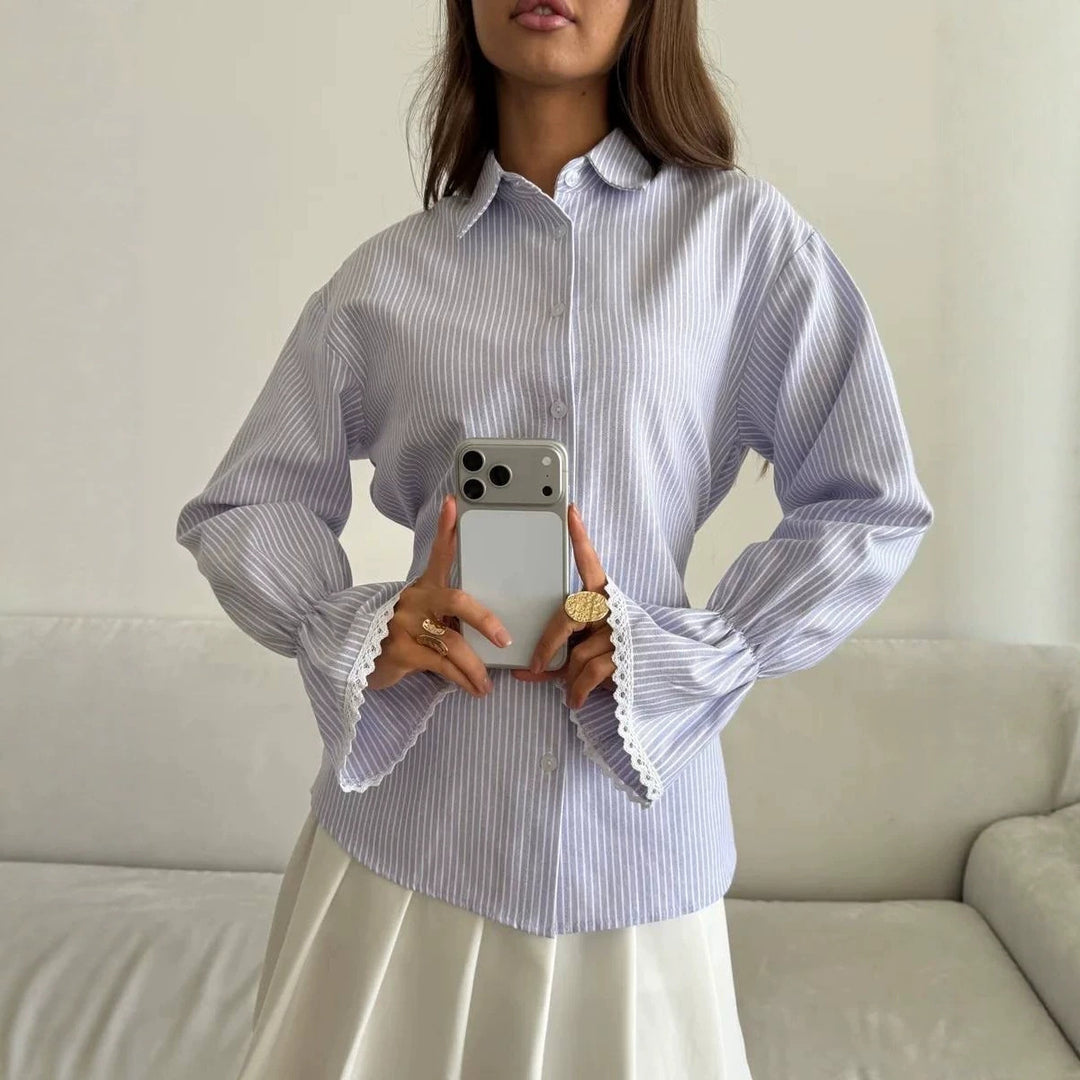 Ladies Striped Cotton Blouse with Lace Trim on Bell Sleeves Mune Fashion