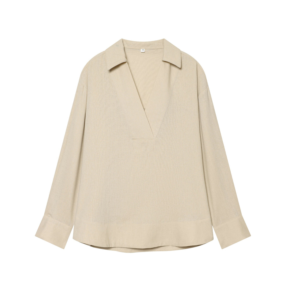 Women's loosely falling linen-look blouse with V-neck, shirt collar, and cuffed sleeves Mune Fashion