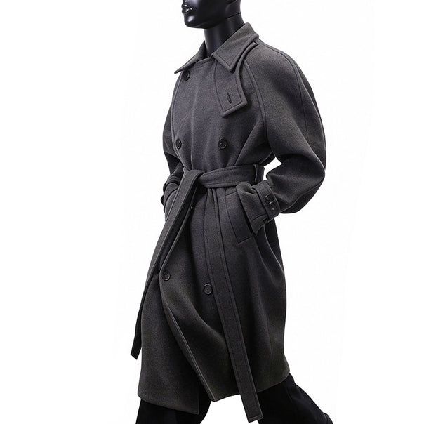 Men's Maxi-Length Double-Breasted Wool Mix Coat with High Stand Collar, Waist Belt and Adjustable Cuff Straps Mune Fashion