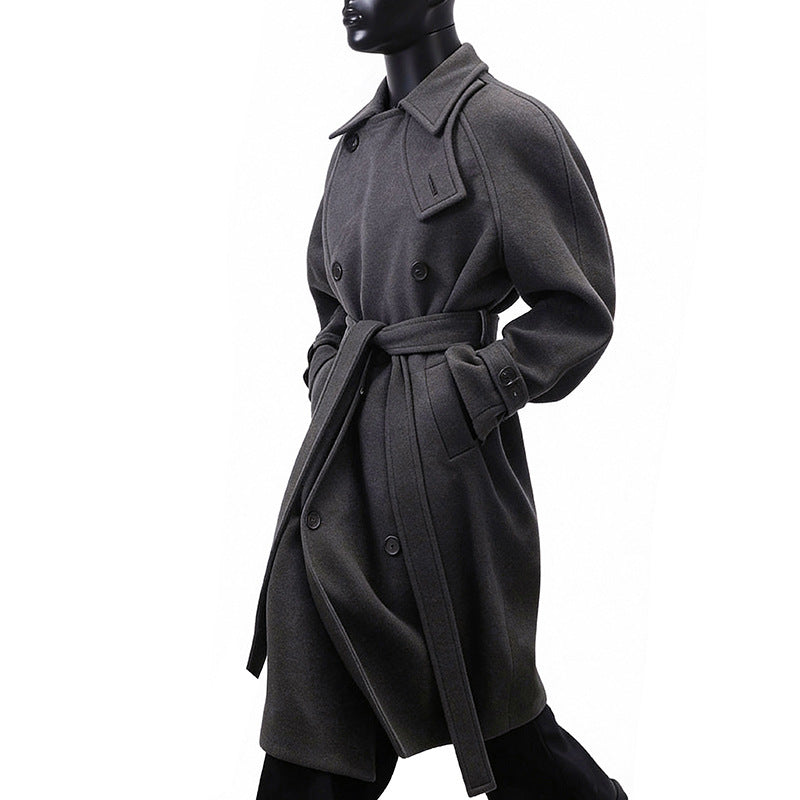 Men's Maxi Length Double-Breasted Wool Blend Coat with High Stand Collar and Tie Belt Mune Fashion