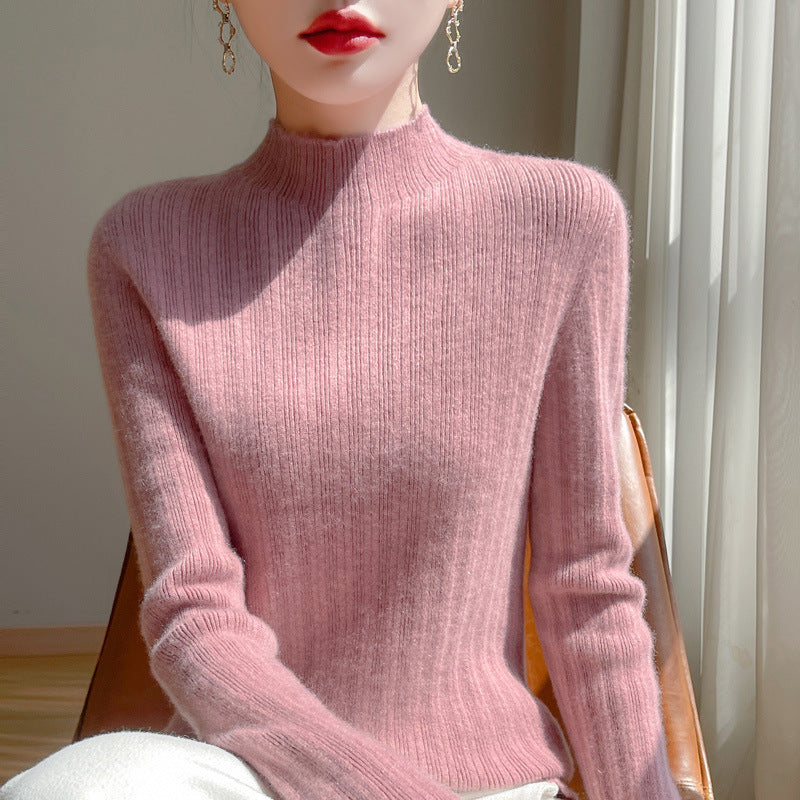 Women's slim-fit fine knit pullover with a short standing collar and fine ribbed texture Mune Fashion