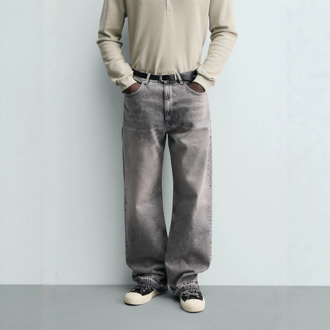 Men's straight-cut jeans with a high rise and vintage-washed effect Mune Fashion