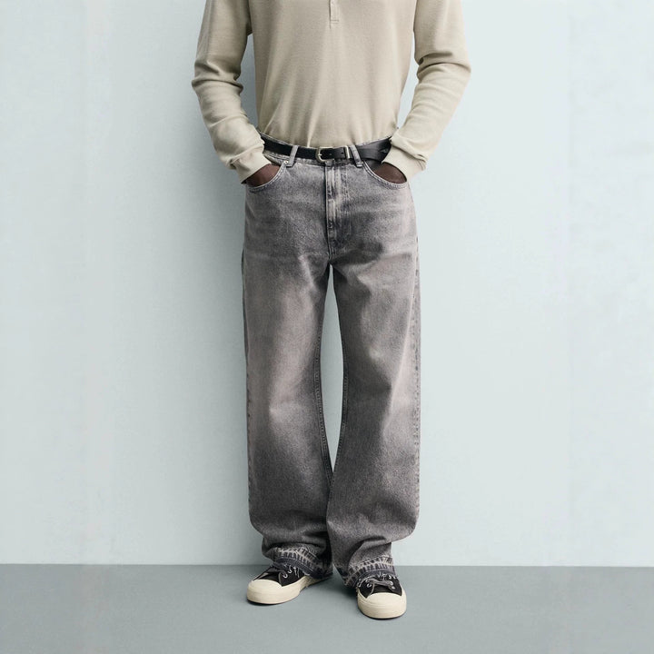 Men's straight-cut jeans with a high rise and vintage-washed effect Mune Fashion
