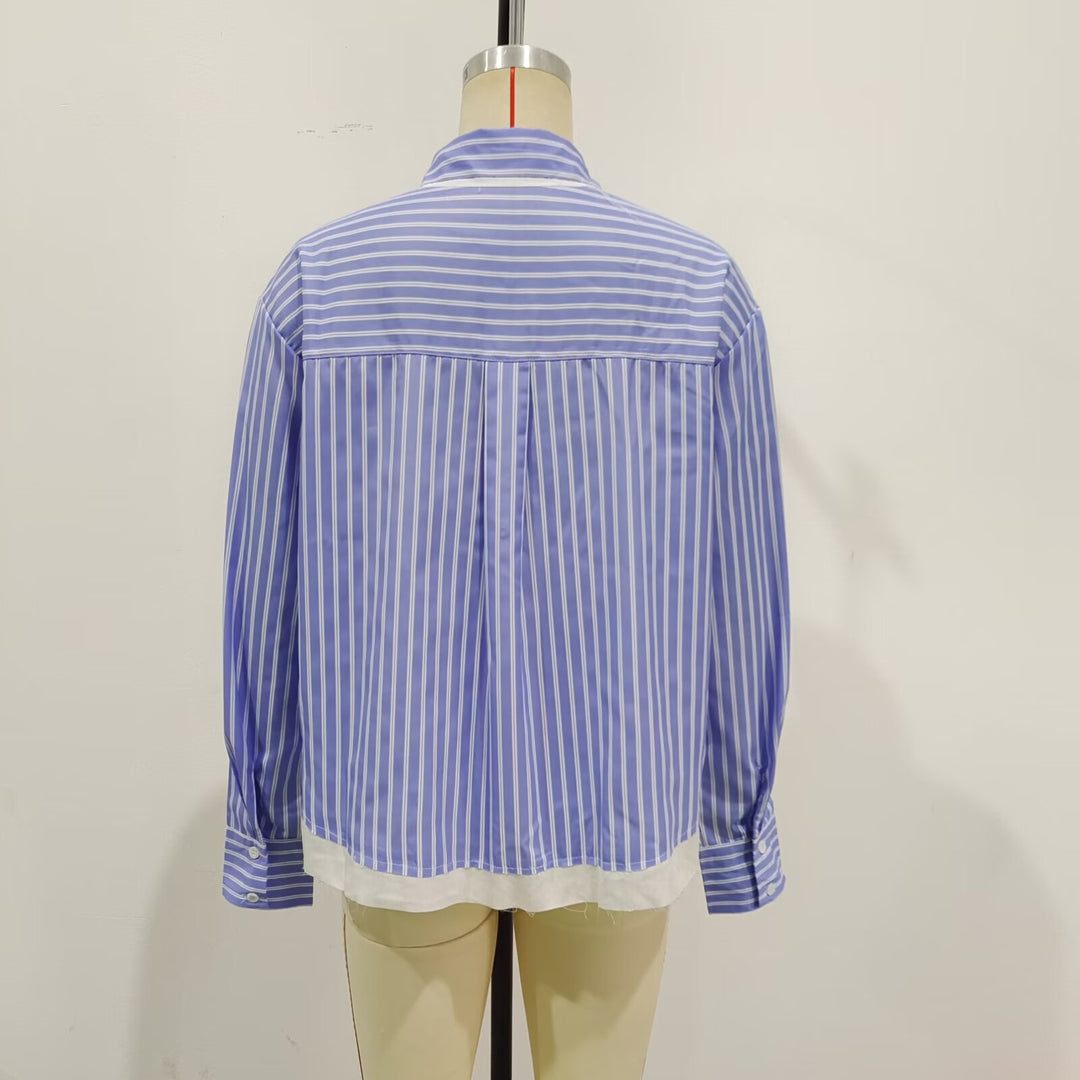 Women's oversized shirt blouse with button-down collar, chest pocket, and contrasting hem Mune Fashion