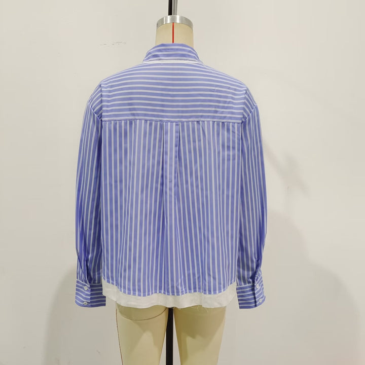 Women's oversized shirt blouse with button-down collar, chest pocket, and contrasting hem Mune Fashion