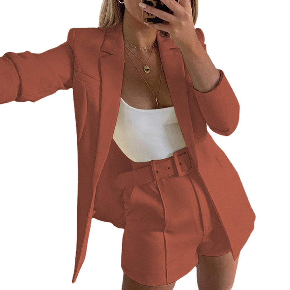 Women's Two-Piece Tailored Blazer Set with High-Waisted Shorts and Belt Mune Fashion