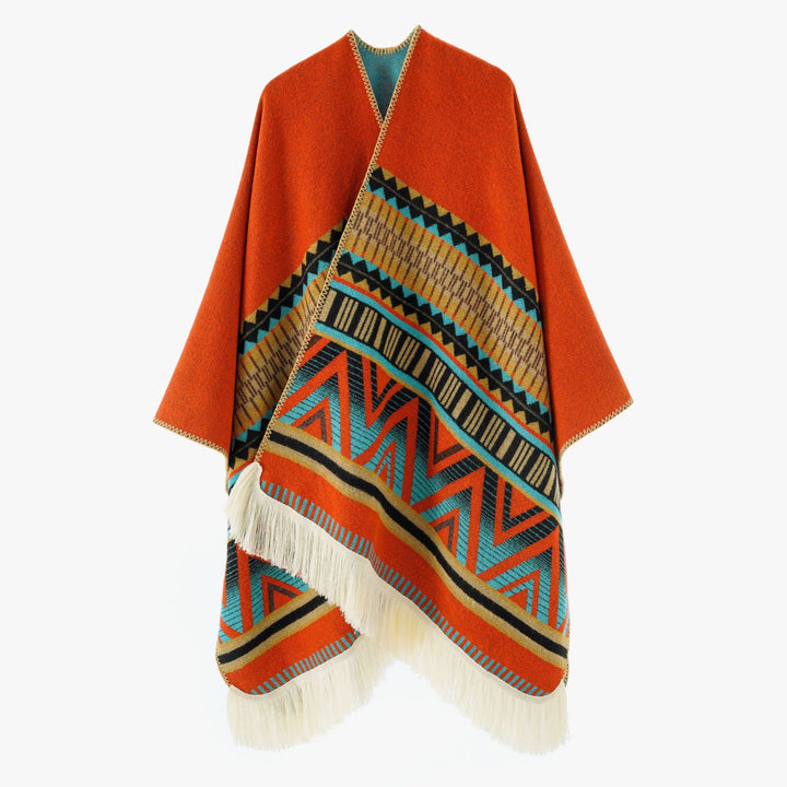 Ladies Jacquard Ruana with fringes and folk pattern Mune Fashion