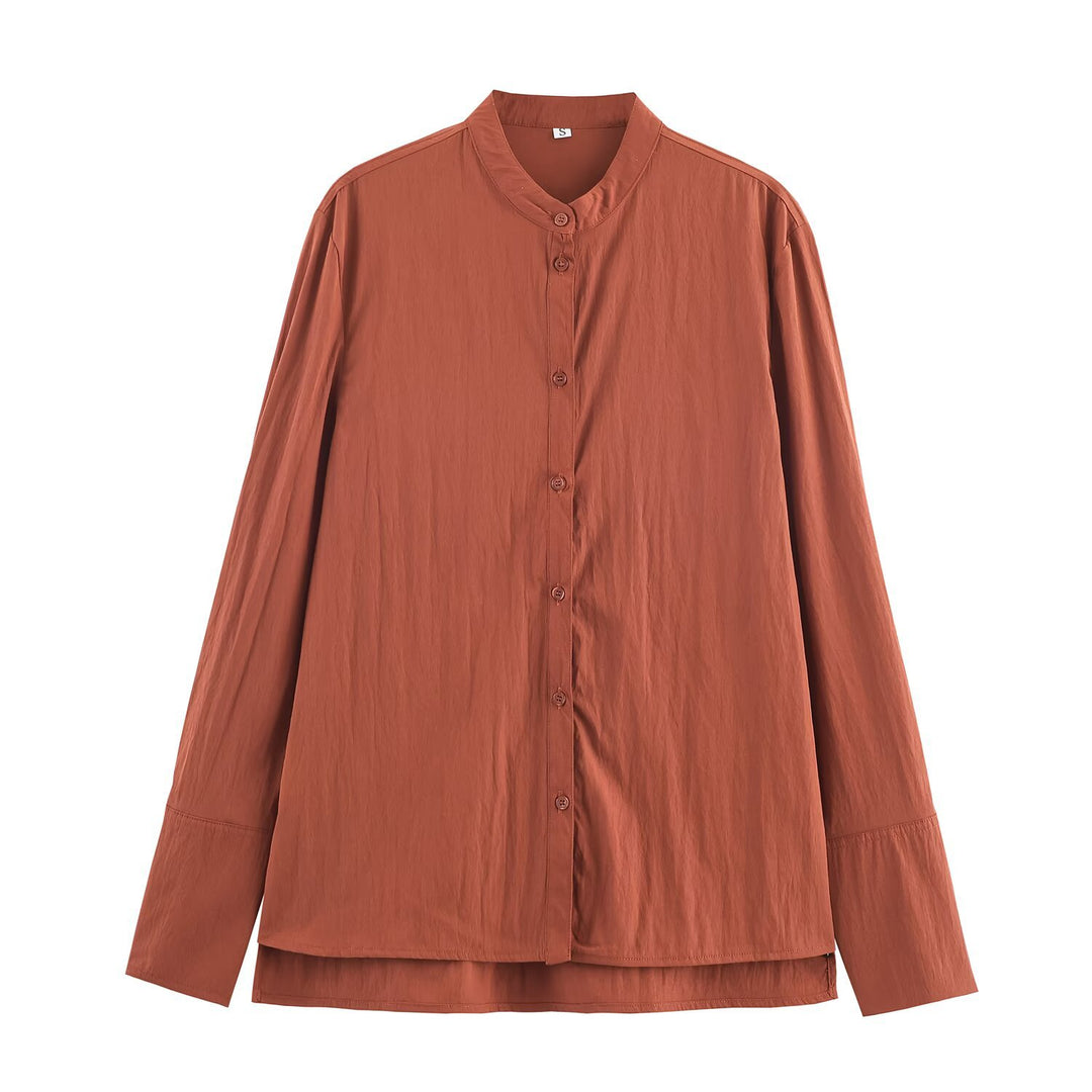 Women's Oversized Shirt Blouse with Mandarin Collar and Full Button Placket Mune Fashion