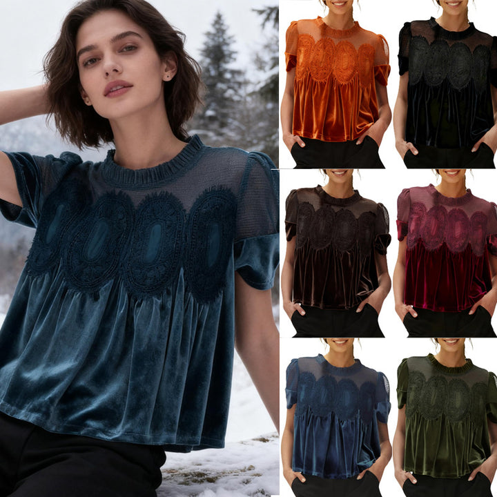 Women's velvet blouse with lace trim, transparent insert, and gathered A-line Mune Fashion