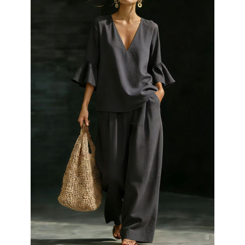 Women's Two-Piece V-Neck Tunic Set with Ruffle Sleeves and Wide High-Waisted Palazzo Pants Mune Fashion