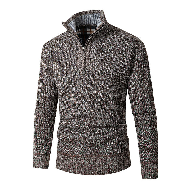 Men's chunky knitted half-zip pullover with stand-up collar and checked collar interior Mune Fashion