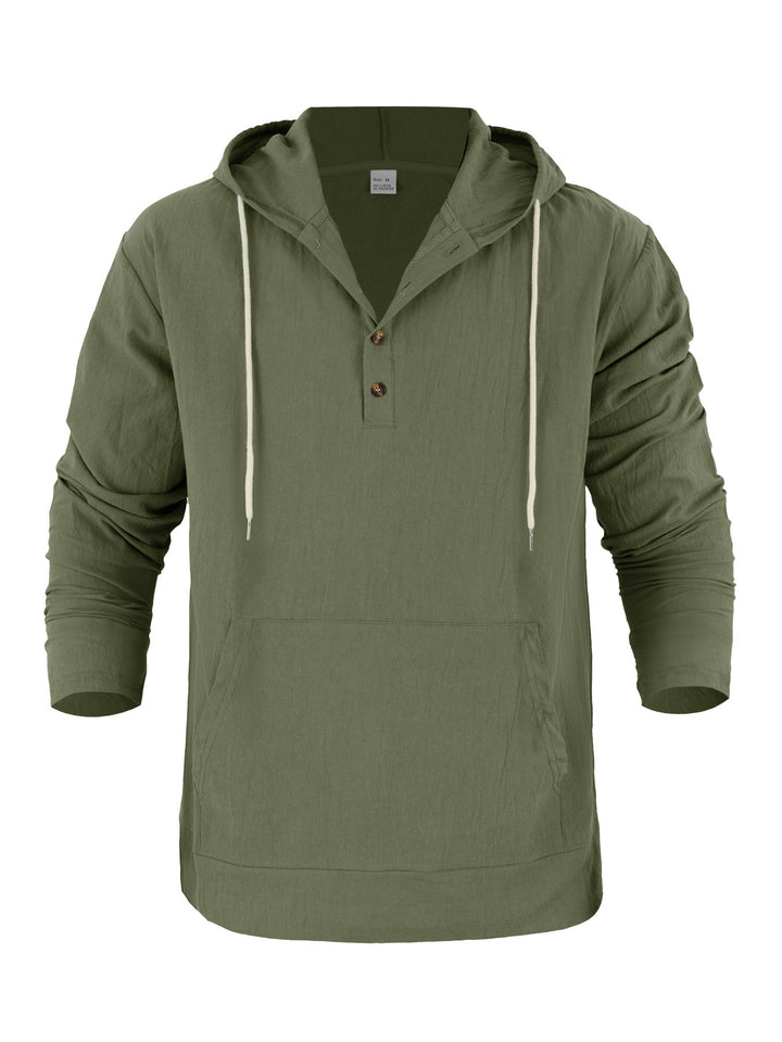 Men's Lightweight Hooded Henley Made of Cotton-Linen with Kangaroo Pocket Mune Fashion