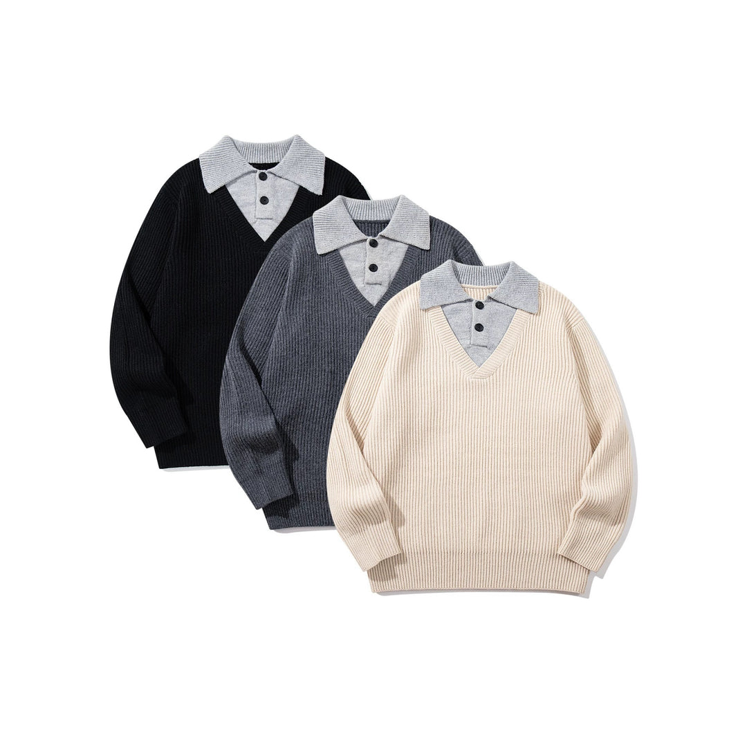 Men's Ribbed Knit Sweater with Polo Collar Insert and Deep V-Neck Mune Fashion