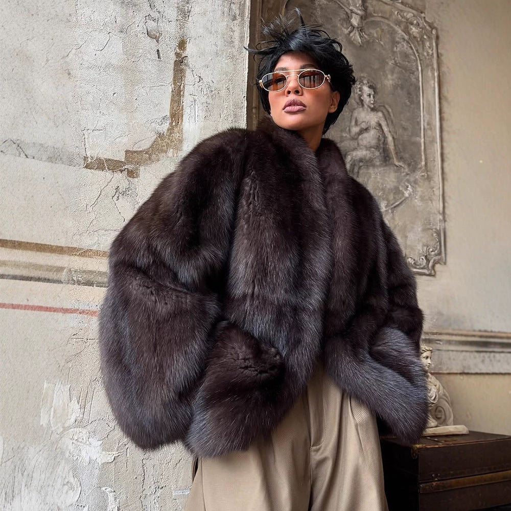 Women Short Fur Coat in Boxy Cut with Voluminous Shawl Collar Mune Fashion