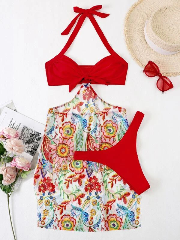 Women's bikini set with playful knot design and floral wrap skirt Mune Fashion