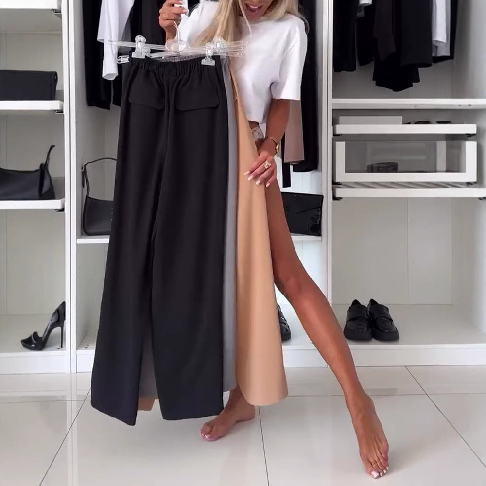 Women's wide Palazzo pants with elastic waistband and patch flap pockets Mune Fashion