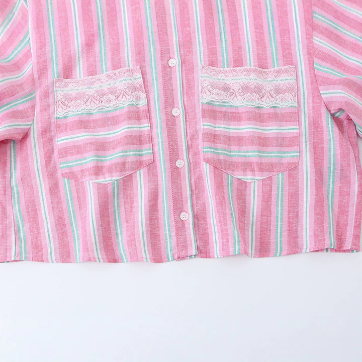 Women Short Cut Linen Blouse with Striped Pattern and Lace Chest Pockets Mune Fashion