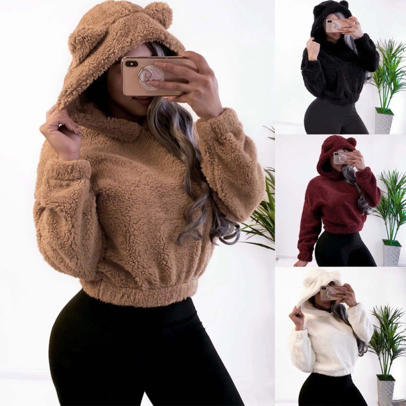 Women's Short Hooded Sherpa Pullover with Kangaroo Pocket and Elastic Hem Mune Fashion