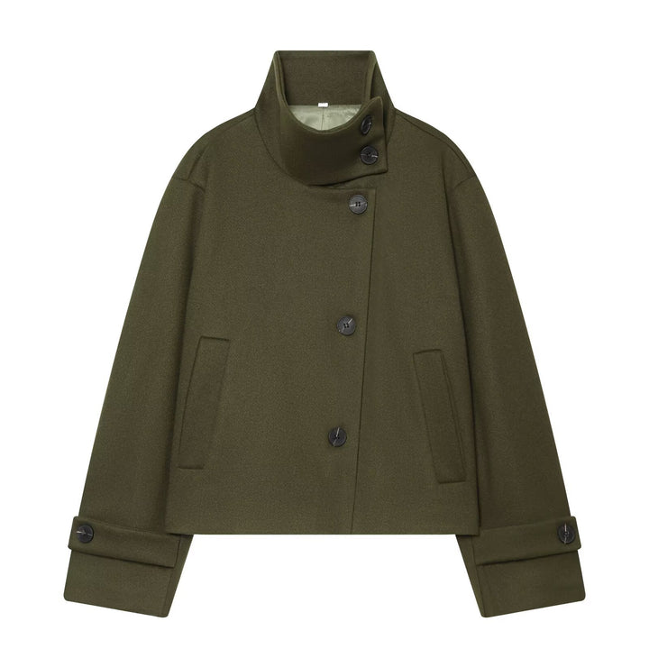 Women Short Cut Wool Coat with High Stand-Up Collar and Buttoned Cuffs Drune