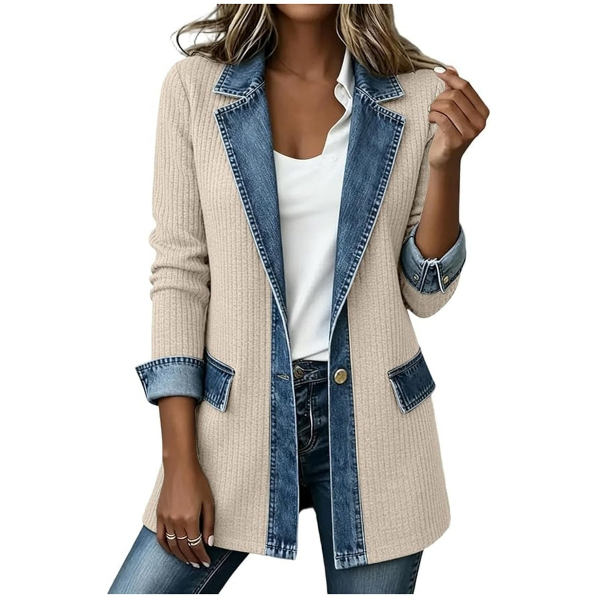 Ladies' knit blazer with denim trim and lapel collar Mune Fashion