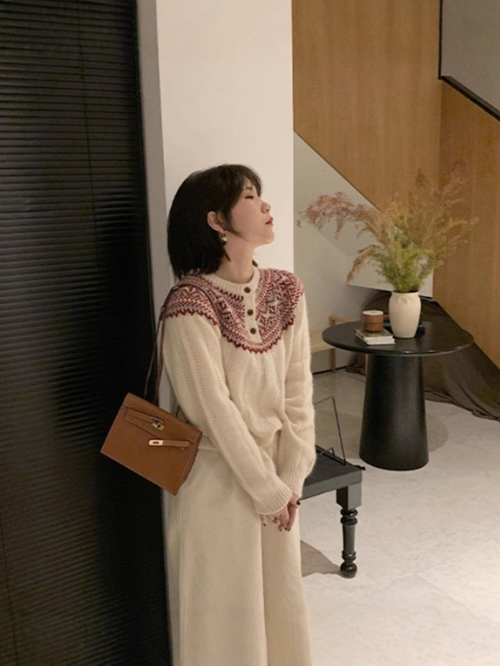Women Norwegian pattern round yoke sweater with button placket and mohair look Mune Fashion