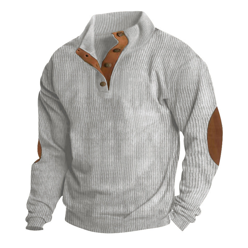 Men's rustic ribbed pullover with Henley collar and leather-like elbow patches Mune Fashion