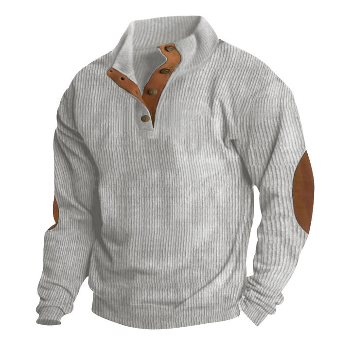 Men's rustic ribbed pullover with Henley collar and leather-like elbow patches Mune Fashion