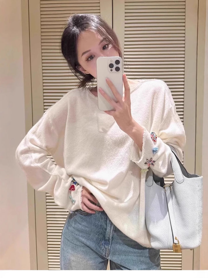 Women's Oversized Fine Knit Sweater with Jewelry-Embellished Sleeve Cuffs Mune Fashion