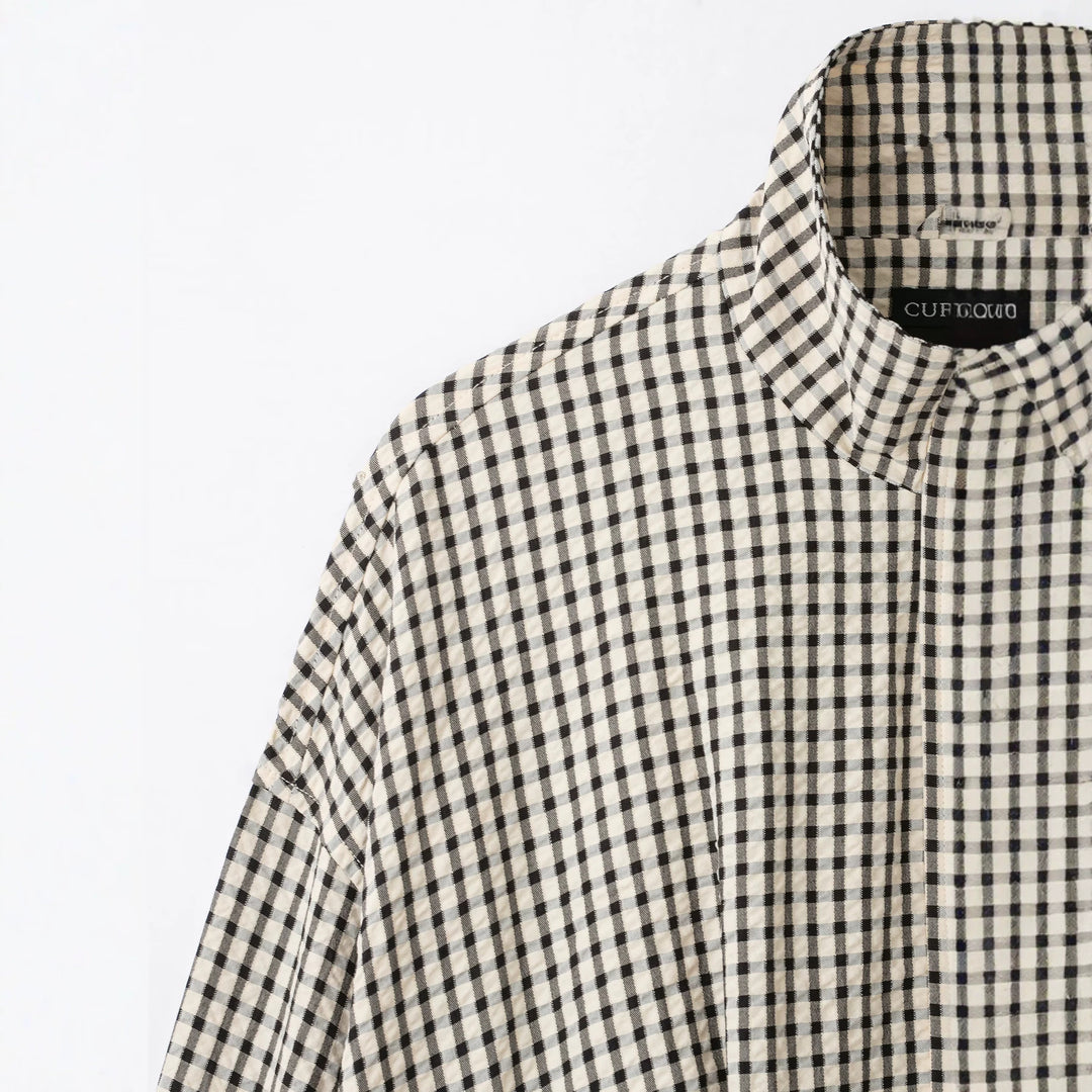 Women Check Cropped Oversized Jacket with Funnel Collar and Tulip Shape Mune Fashion