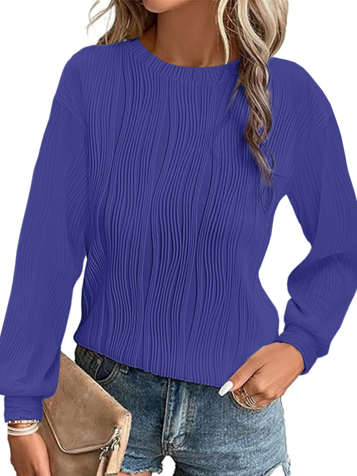 Women Pleated Fine Knit Long Sleeve with Round Neck Mune Fashion