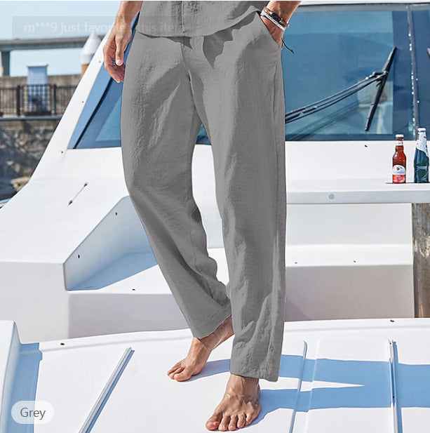 Men's relaxed linen blend casual pants with straight leg, concealed drawstring, and hidden zip pocket Mune Fashion