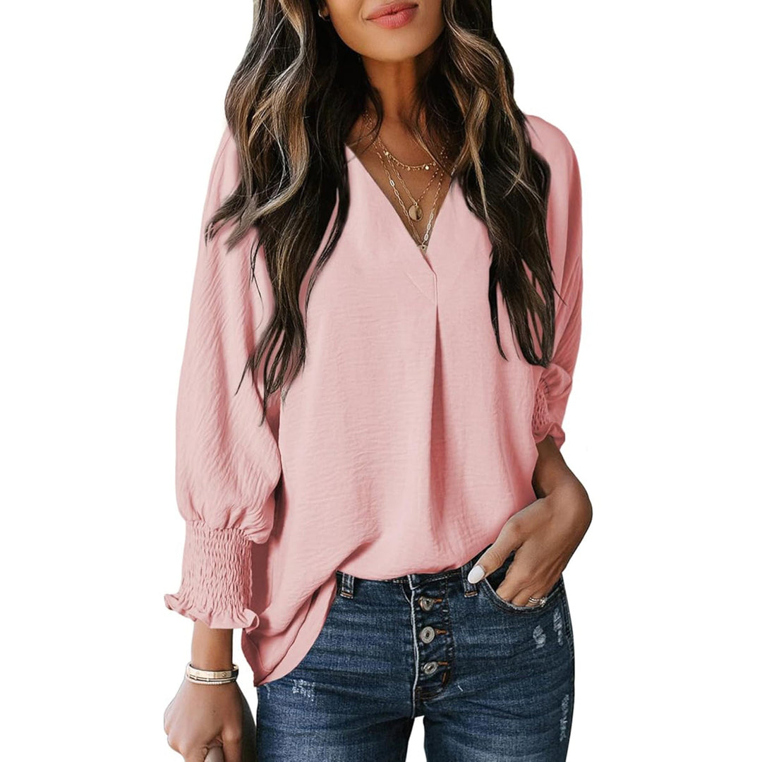 Women V-neck blouse with casual balloon sleeves and ruffle details Mune Fashion