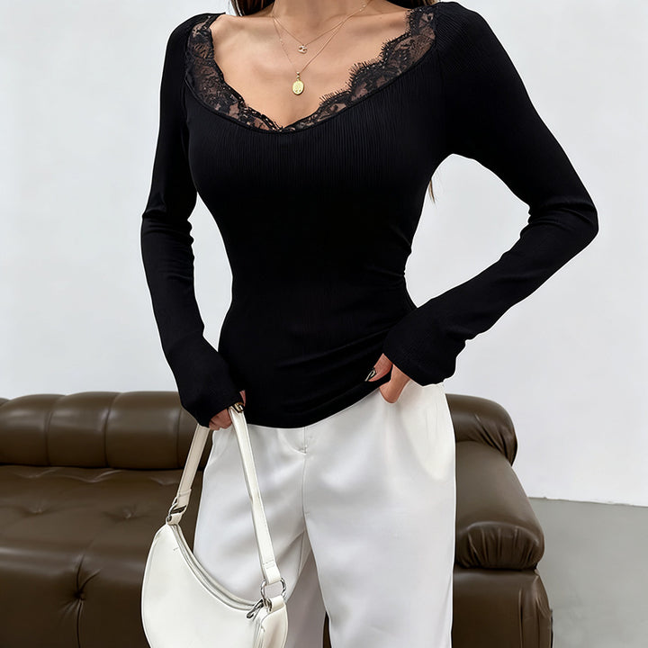 Women's Fitted Long Sleeve Shirt with Lace V-Neck