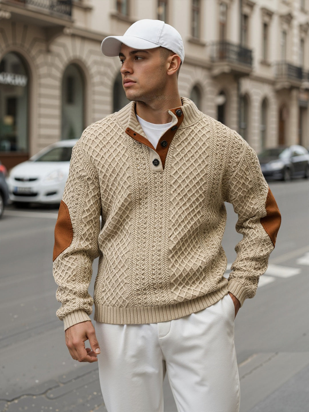 Men's troyer sweater with stand-up collar, structured knit look and contrast elbow patches Mune Fashion