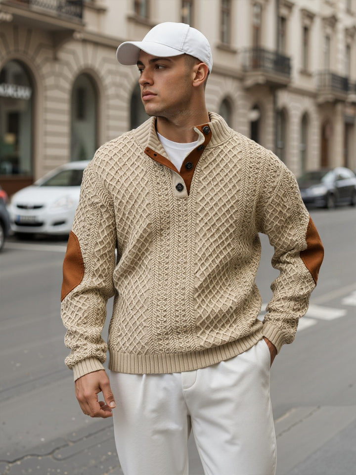 Men's troyer sweater with stand-up collar, structured knit look and contrast elbow patches Mune Fashion