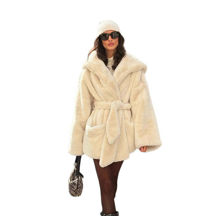 Women's Oversized Teddy Coat with Extra Large Shawl Collar and Wrap Belt Mune Fashion