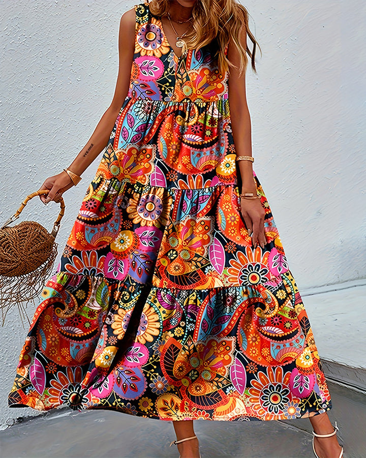 Women's layered Boho maxi dress with V-neck and gathered underbust seam Mune Fashion