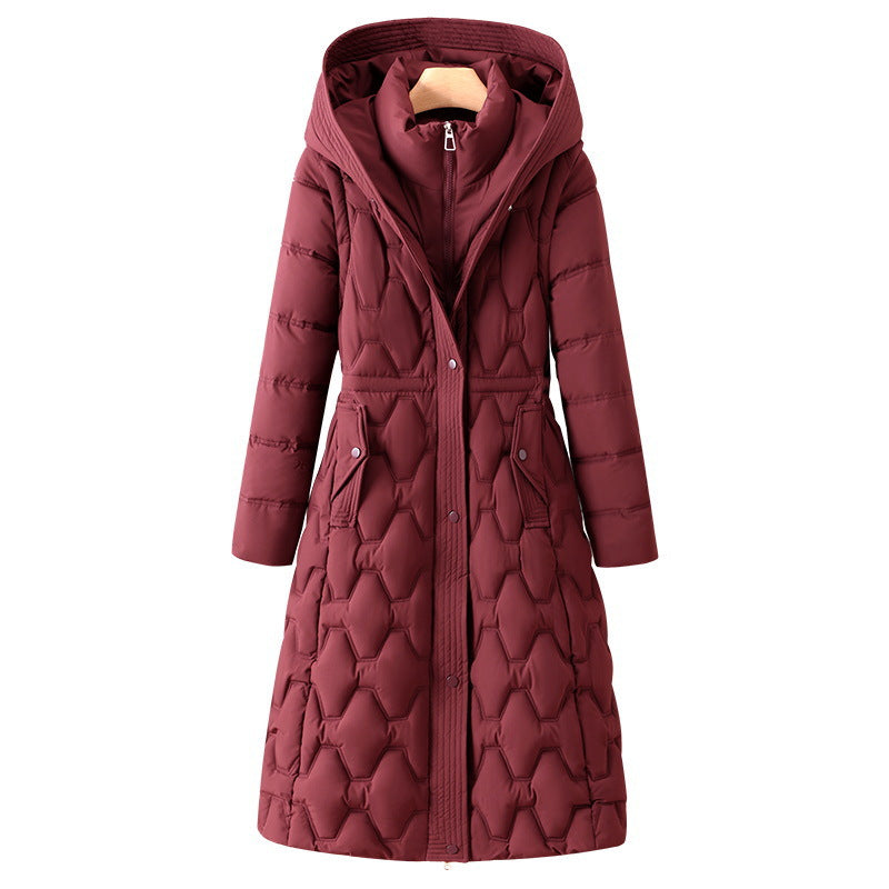 Women's longer quilted coat with honeycomb quilt, hood and tailored A-line Mune Fashion