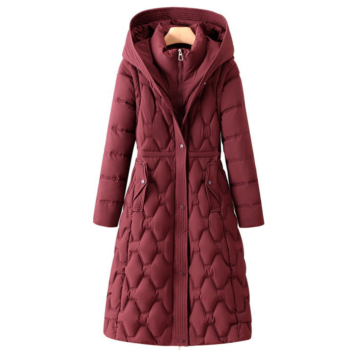Women's longer quilted coat with honeycomb quilt, hood and tailored A-line Mune Fashion
